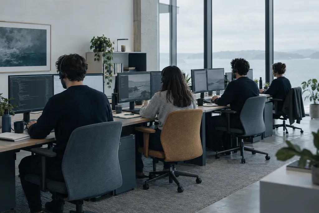 Equipa a trabalhar numa secretária partilhada num escritório com luz natural fria.