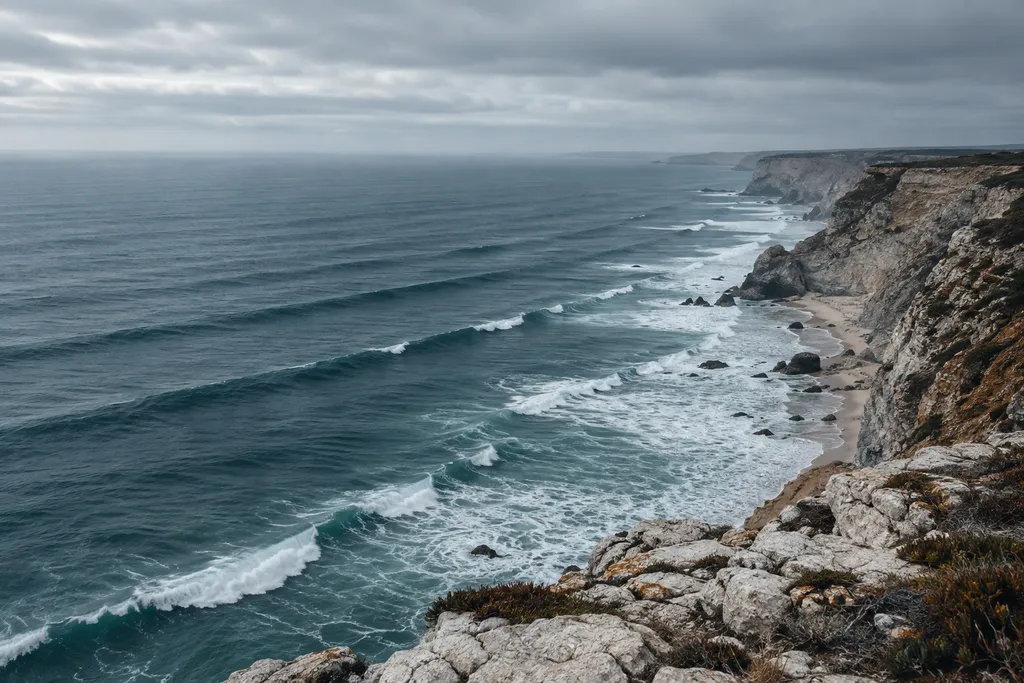Costa atlântica portuguesa vista de uma arriba, com ondulação longa e céu encoberto.