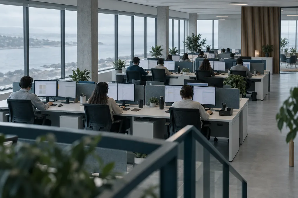 Vista ampla de um piso de operações com equipas em postos de atendimento.