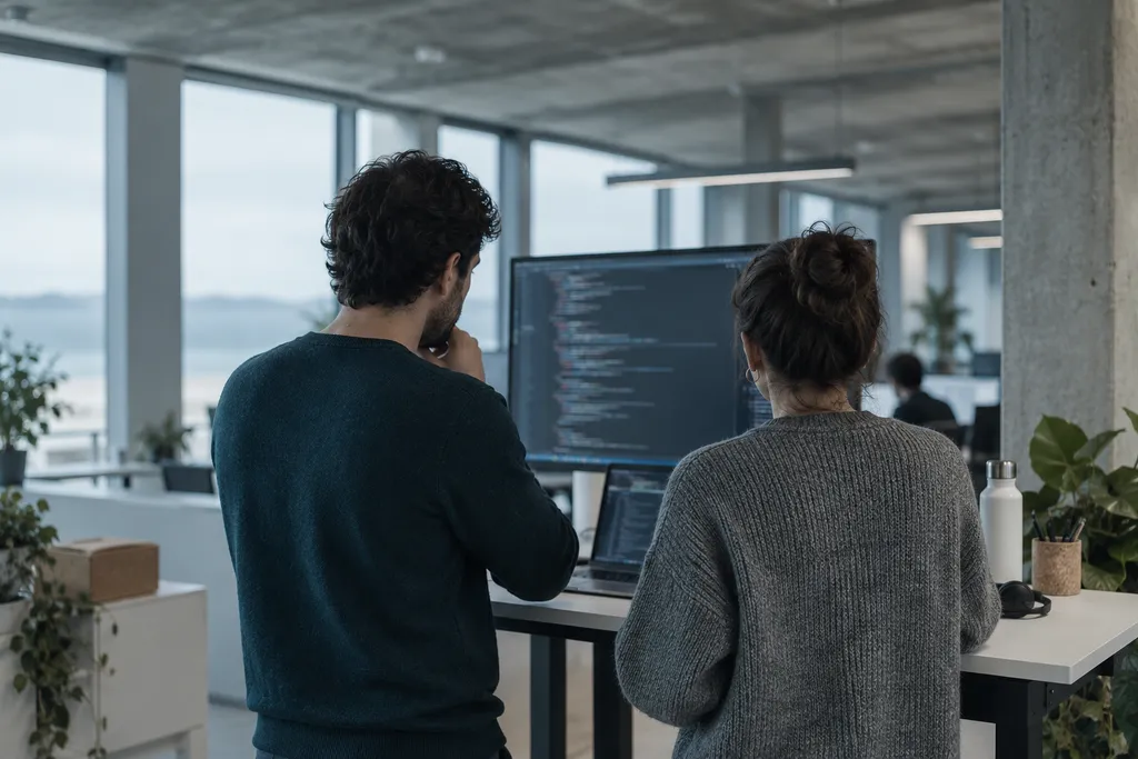 Dois engenheiros a rever código num monitor, vistos de costas.