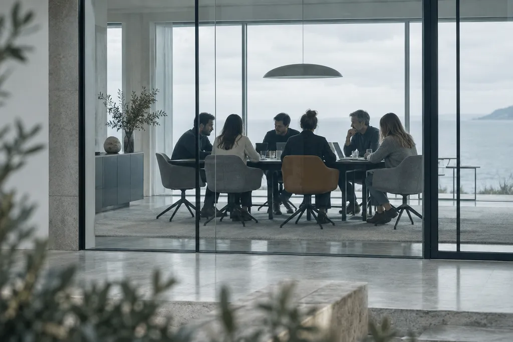 Equipa multilingue reunida numa sala de vidro com luz natural.