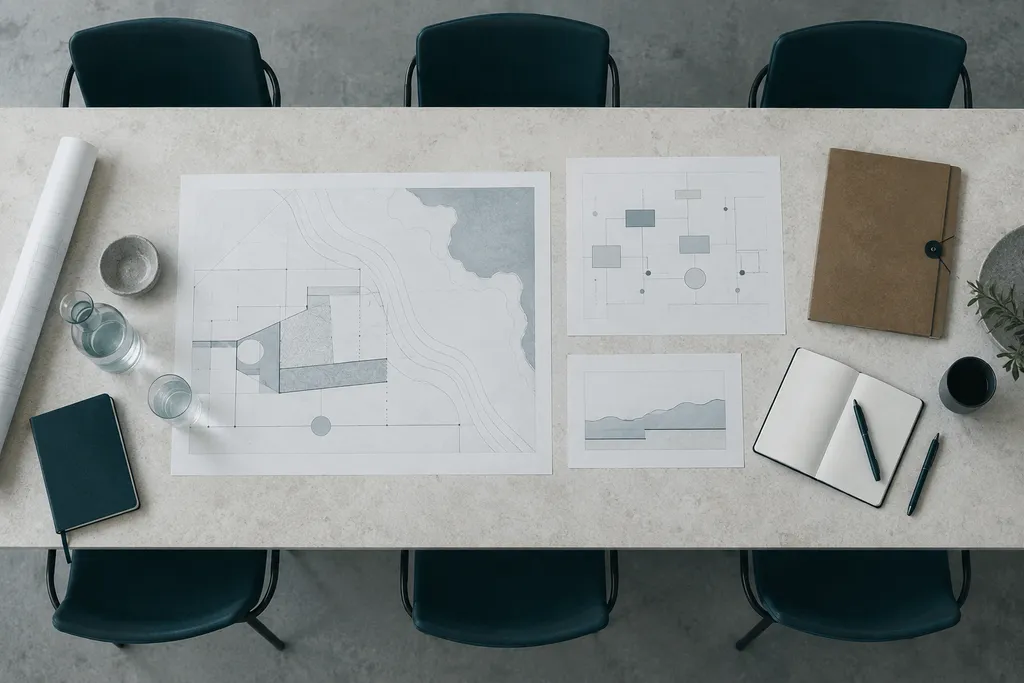 Mesa vista de cima com diagramas de processo e um caderno.